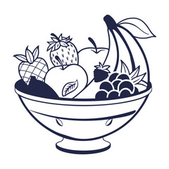 Fruit Bowl Vector Illustration – Monochrome Line Art with Bananas, Apple, Strawberry, Pineapple
