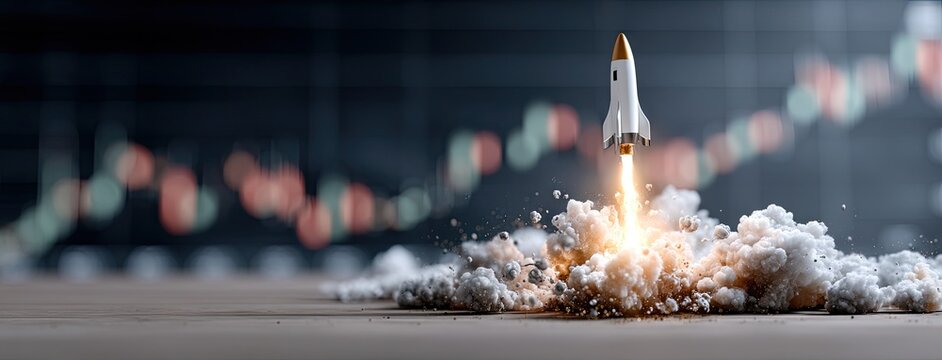 Rocket launches with flames and smoke against a background of upward trending stock market graphs and financial data