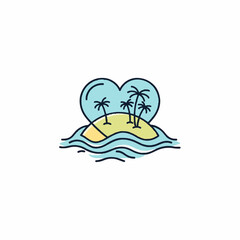 Naklejka premium Stylized heart surrounding a serene island getaway featuring swaying palm trees and calm blue waters, perfect for expressing vacation dreams and love for travel