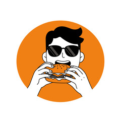 Cool man wearing sunglasses enjoying a delicious burger with both hands in a vibrant orange circle