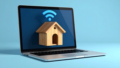 Wooden house model placed on laptop keyboard with blue Wi-Fi icon above and cloud-filled screen, symbolizing smart home and cloud connectivity.