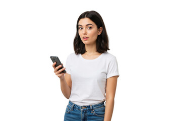Fototapeta premium Young woman wearing white t-shirt and jeans holding smartphone looking surprised transparent background