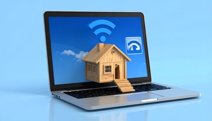 Wooden house model placed on laptop keyboard with blue Wi-Fi icon above and cloud-filled screen, symbolizing smart home and cloud connectivity.