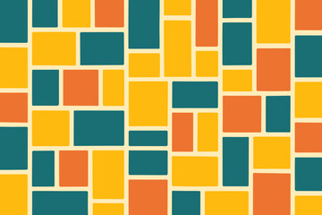 A colorful abstract pattern featuring rectangular blocks in shades of yellow, orange, and teal, arranged in a grid layout