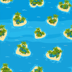 Whimsical seamless pattern of idyllic heart-shaped islands with sandy beaches and swaying palm trees, adrift on a calm, turquoise sea, evoking feelings of love, dreams, and an exotic getaway