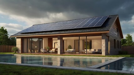 Modern house design with solar panels sustainable architecture and pool luxury home real estate