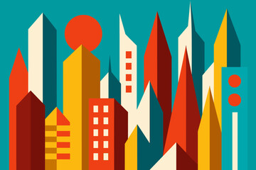 Obraz premium A bold, modern cityscape featuring geometric buildings in striking colors like red, yellow, teal, and white