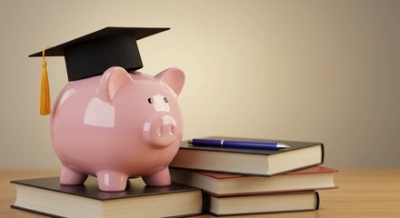 Pink piggy bank with graduation cap on books.