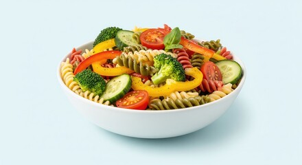 A vibrant bowl of pasta salad with fresh vegetables on a light blue background.