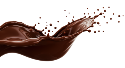 Dynamic splash of dark, rich melted chocolate liquid, viscous glossy waves and glistening droplets suspended mid-air, high-speed macro shot against transparent background, Concept for premium