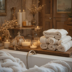 "Cozy Bathroom Setup with Candles, Towels, and Bath Salts"