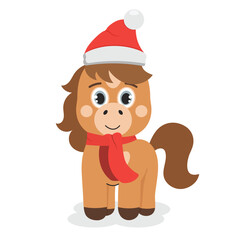 Vector illustration of a cute brown horse wearing a red Santa hat and a scarf in a flat style.