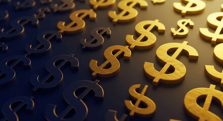 A field of three-dimensional dollar signs transitioning from dark shadows into bright golden light.
