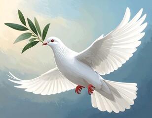 Obraz premium White dove in flight, olive branch in beak, serene sky