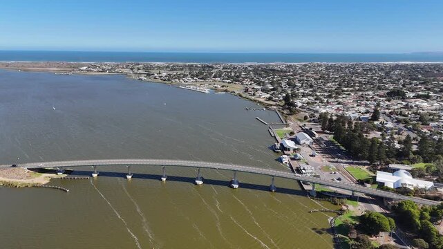 Goolwa, South Australia &ndash; 4K Aerial Drone Footage Showcasing the Murray River Bridge, Waterfront Homes, Boats, and Scenic Views of the Historic Riverside Town Near the Coorong National Park