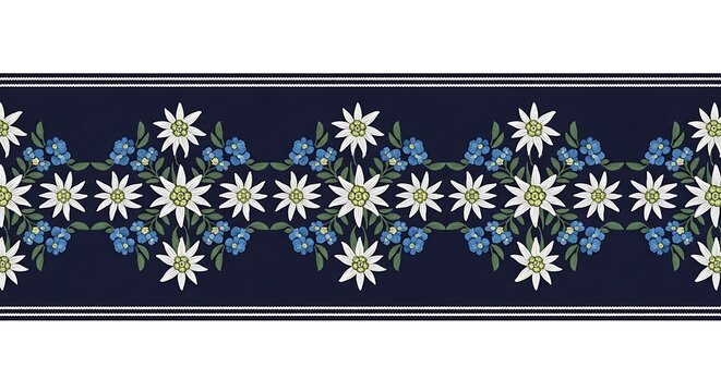 Floral Border Design with Edelweiss and Blue Flowers.