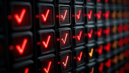 Close-up of a grid of glowing red checkmarks on black squares, creating a repeating pattern