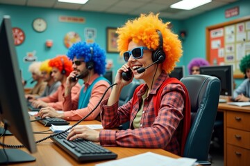 Call Center Funk: Customer Service Execs Rocking Colorful Wigs and Shades!