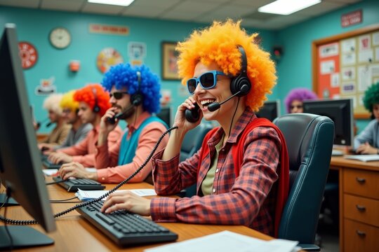 Call Center Funk: Customer Service Execs Rocking Colorful Wigs and Shades!