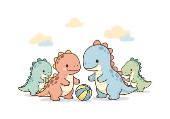 Cute Kawaii Baby Dinosaurs Playing with a Ball Illustration