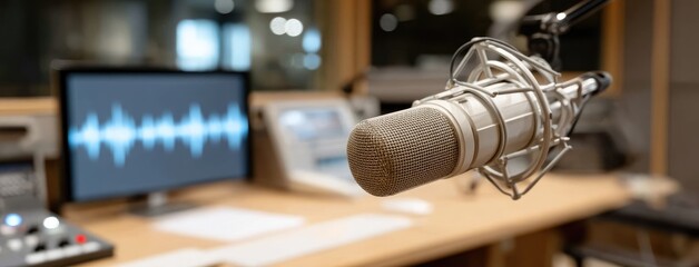 Close-up view of a microphone in a radio studio with audio equipment in the background capturing the essence of broadcasting and sound recording