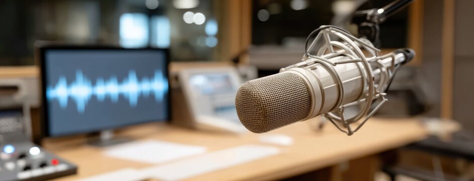 Close-up view of a microphone in a radio studio with audio equipment in the background capturing the essence of broadcasting and sound recording