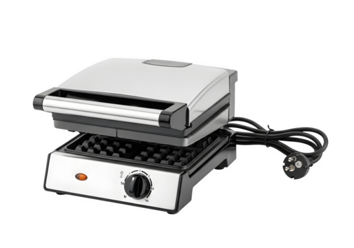 Silver sandwich maker with black handle isolated on transparent background is ready to cook delicious sandwiches for breakfast or lunch at home