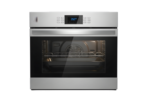 Modern silver oven isolated on transparent background with digital display and glass door for baking delicious meals and desserts in the kitchen