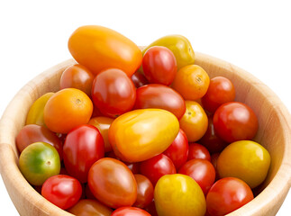 Fresh Cherry tomato, Various colorful tomatoes in a wooden bowl isolated on white background, with clipping path