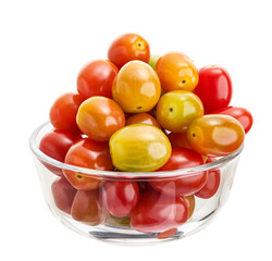 Fresh Cherry tomato, Various colorful tomatoes in a glass bowl isolated on white background, with clipping path