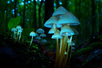 Glowing Mycena Fungi in a Magical Forest Setting