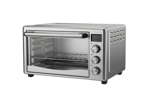 Modern silver toaster oven isolated on transparent background, perfect for baking, toasting, and warming food with its sleek design and convenient features
