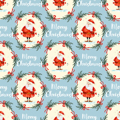 Seamless Christmas pattern with Santa Claus wreath and festive holiday background.