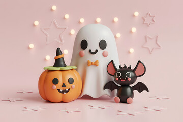 Obraz premium Cute halloween decorations with ghost pumpkin and bat figures on a soft background