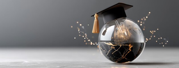 Graduate globe placed on a surface with a black graduation cap, representing education and global achievement in a modern setting