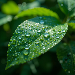 Macro Shot of Fresh Green Leaves with Water Droplets After Rain"
