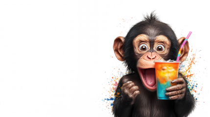 Monkey sipping colorful drink on transparent background