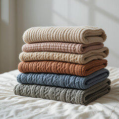 Cozy Home Lifestyle – Neatly Folded Sweaters in Soft Sunlight