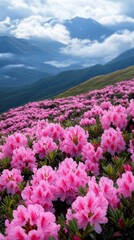 Fototapeta premium Pink flowers against a backdrop of mountains and clouds, a striking contrast of nature, ideal for illustrations about travel and the beauty of nature.