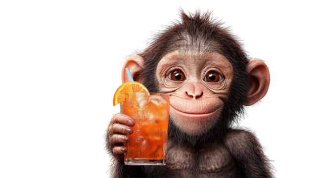 Monkey holding juice on transparent background