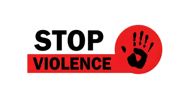 Stop violence sign with a hand print in a red circle isolated on transparent background