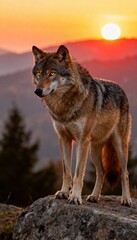 Fototapeta premium Wolf on rock at sunset with mountains and warm glowing sky.