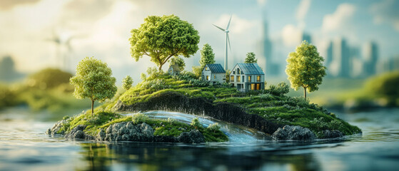 Houses with solar panels and wind turbines on a green island illustrate the themes of sustainable development, ecology, and renewable energy.