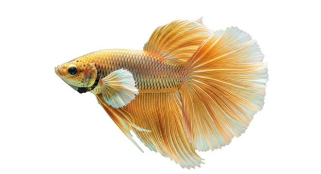 Isolated golden Betta fish with large tail fin swimming aquatic animal freshwater life