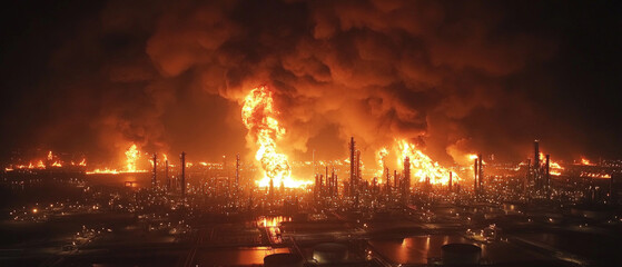 Fototapeta premium A major fire at an industrial plant at night, heavy smoke and open flames. Suitable for news stories about man-made disasters, environmental issues, and articles on workplace safety.