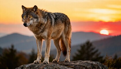 Fototapeta premium Wolf on rock at sunset with mountains and warm glowing sky.