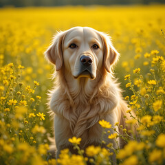 Golden Retriever Sitting in Field of Yellow Flowers at Sunse