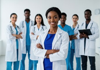 Fototapeta premium African female doctor leading her medical team with confidence and care.