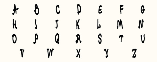 Hand-drawn warped, curved and spiked alphabet symbols set. Decorative experimental letters for posters, banners, creative typography and graphic design. Y2k