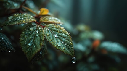 Intricate dew drops resting on fresh green leaves after a gentle rain